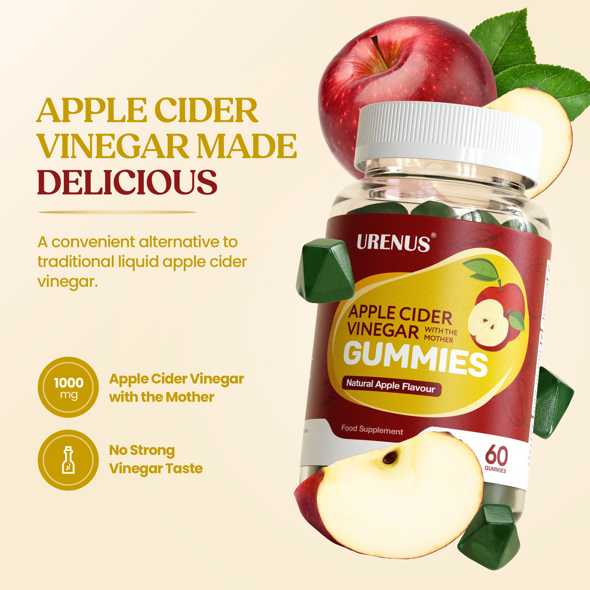 Apple Cider Vinegar Gummies with Vitamin C, B6 & Chromium – 60 Gummies