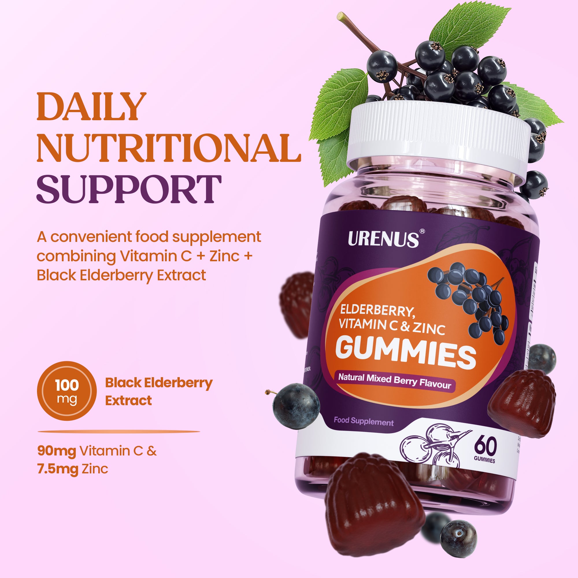 Elderberry, Vitamin C & Zinc Gummies – 60 Gummies